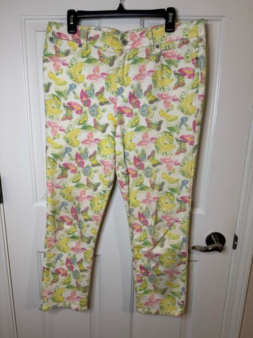 Talbots Heritage Slim Crop Yellow Pink Butterflies Summer Vacation Jeans 12/31